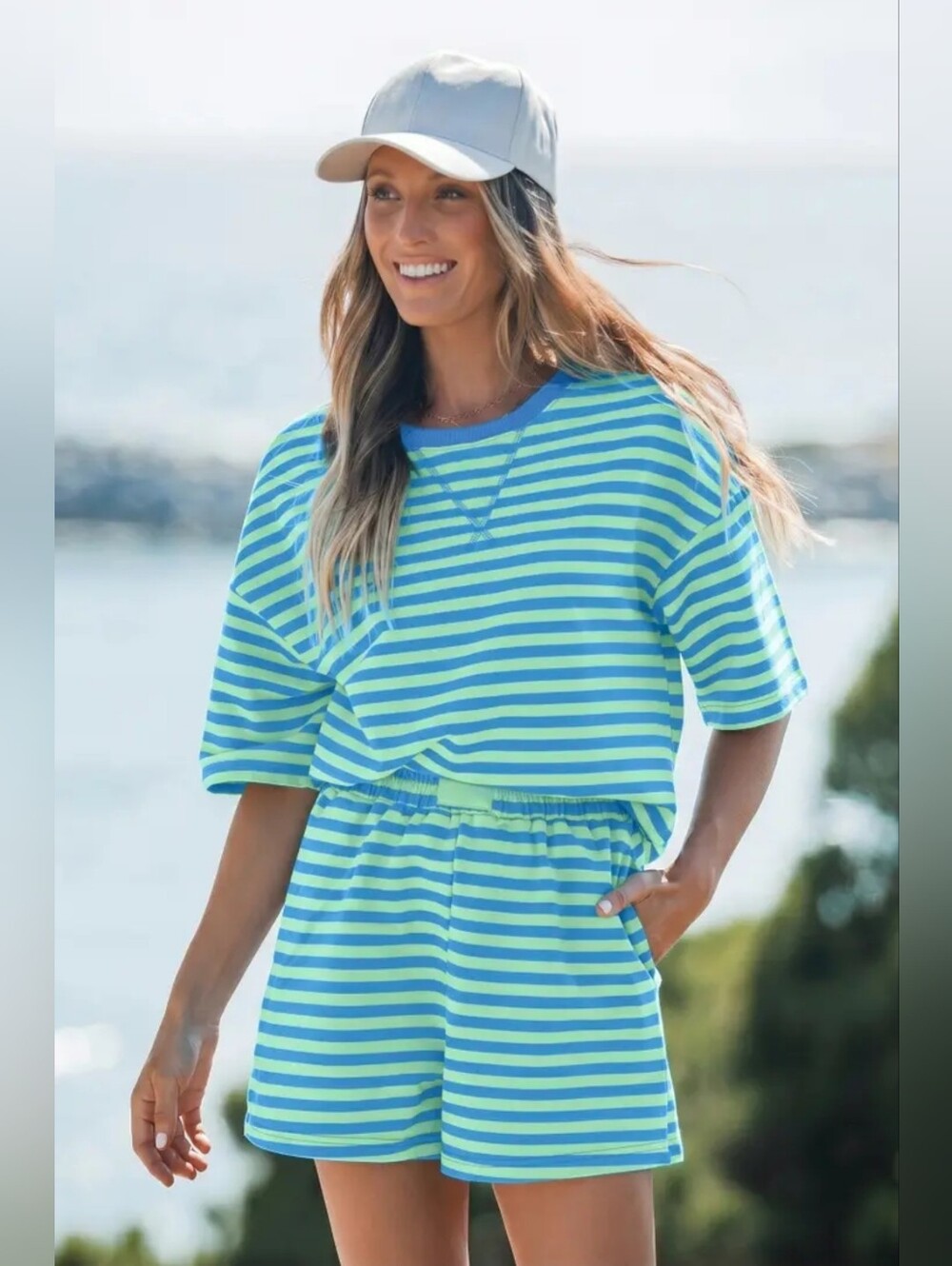 Striped Short Sleeve Top & Shorts Set - Blue/Green